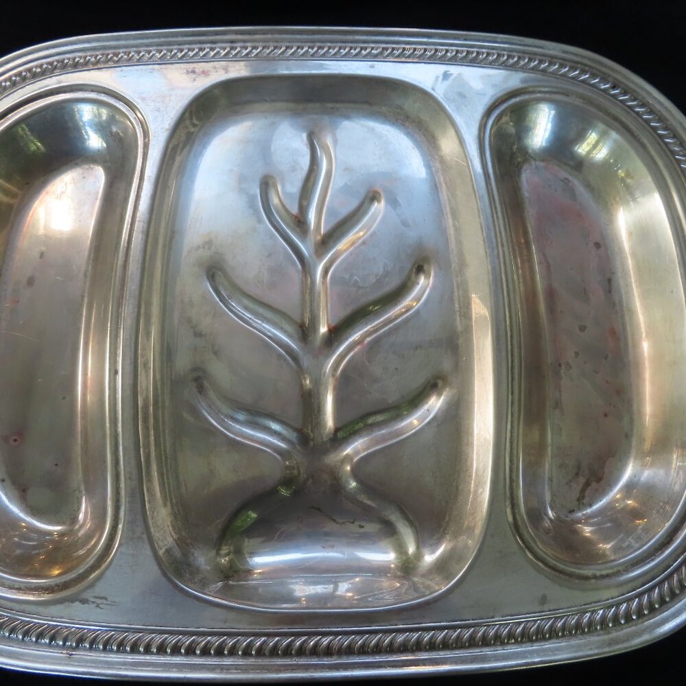 Vintage Silver Plate Meat Turkey Platter with Wells & Side Wells Serving Tray